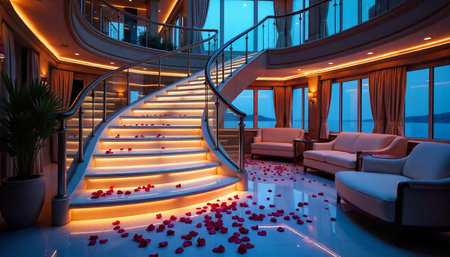 Luxury interior staircase adorned with rose petals at nightの写真素材