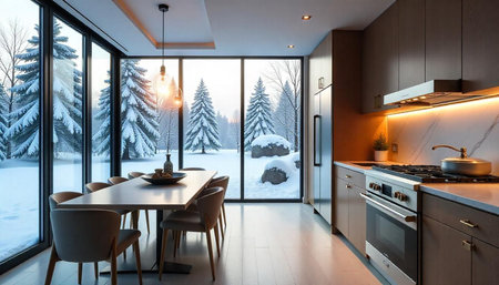 Modern kitchen and dining room interior with winter viewの写真素材