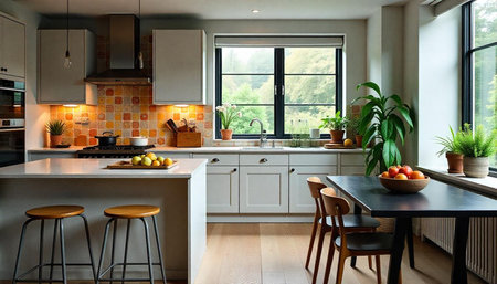 Bright and Natural Kitchen Interior with Island and Plants