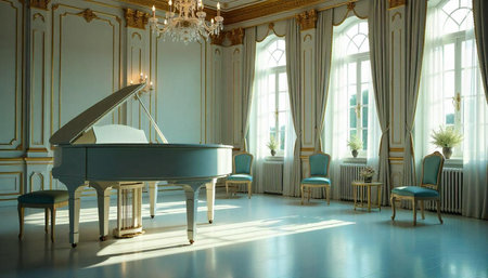 Grand Piano in Ornate Room with Sunlight Streaming Inの写真素材
