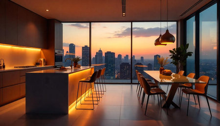 Luxury penthouse apartment with city view at sunsetの写真素材