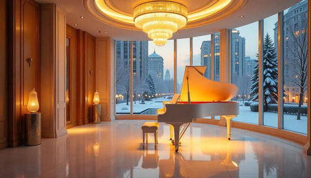 Elegant white grand piano in a luxurious winter settingの写真素材