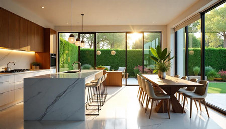 Sunlit open concept kitchen with modern dining area