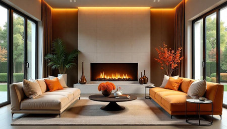 Modern living room with fireplace and orange accents
