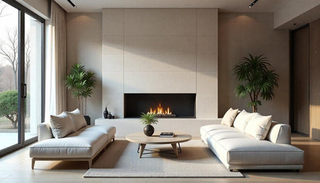 Serene living room interior design with minimalist fireplace detail