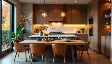 Modern kitchen dining area in warm autumn colorsの写真素材