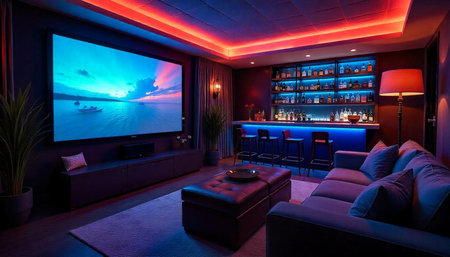 Luxurious home theater room with bar and comfortable seating