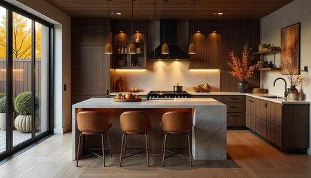 Modern kitchen interior with island and autumnal decorの写真素材