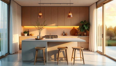 Modern Kitchen Interior with Island and Natural Light