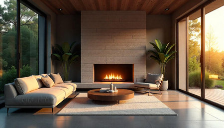 Modern living room interior with fireplace and natural light