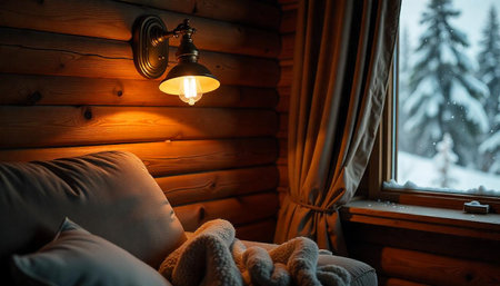 Cozy cabin interior scene with snowy winter viewの写真素材