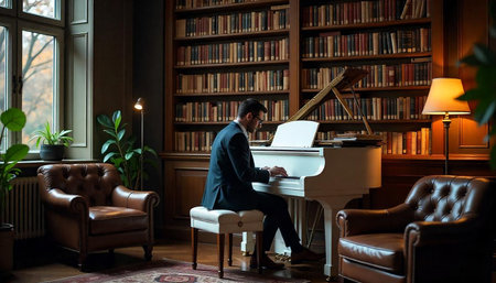 Man in suit playing piano in elegant library roomの写真素材