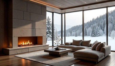 Cozy interior with fireplace and panoramic winter viewの写真素材