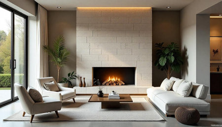 Modern living room with fireplace and contemporary furniture arrangement