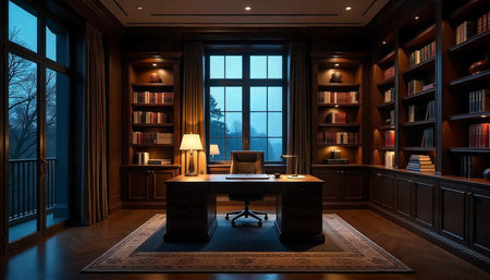 Classic home office with bookshelves, desk, and dark woodの写真素材