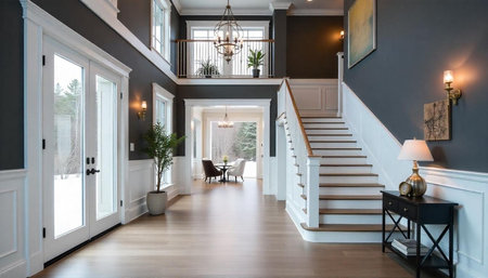 Grand foyer boasts staircase, balcony, and abundant natural lightの写真素材