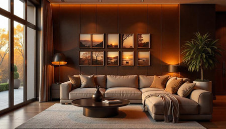 Elegant living room with modern decor and warm lightingの写真素材