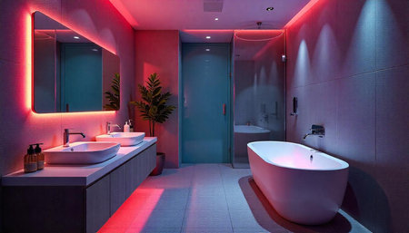 Modern bathroom with dual sinks and vibrant LED lightingの写真素材