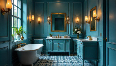 Luxurious teal bathroom with vintage fixtures and patterned tile