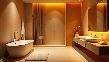 Serene modern bathroom interior with warm lighting and elegant design