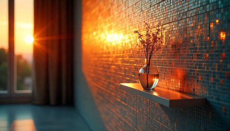 Sunset light in luxurious interior with vase on shelf