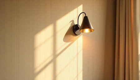 Elegant wall sconce casting light and shadow on textured wall