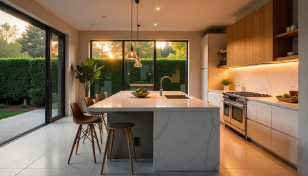 Modern Kitchen Design with Marble Island and Natural Light