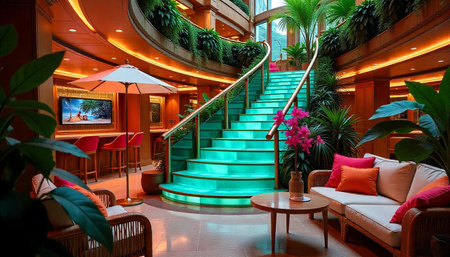 Luxurious indoor tropical resort interior with illuminated staircase