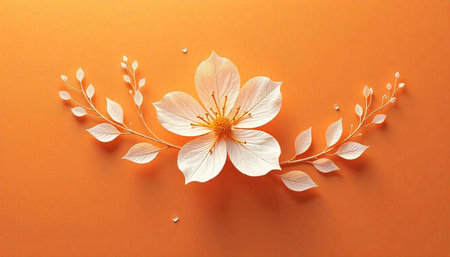 Elegant white flower with decorative foliage on orange background