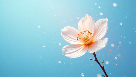Elegant white cherry blossom against a soft blue backdrop