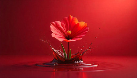 Red flower emerging from a liquid splash backgroundの写真素材