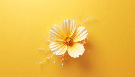 Yellow flower with water splash on a bright background