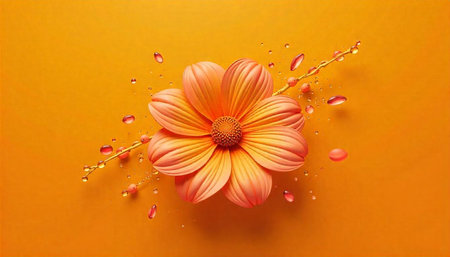 Vibrant orange flower with branch and water droplets on backgroundの写真素材