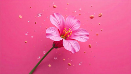 Pink hibiscus flower on pink backdrop with floating elements