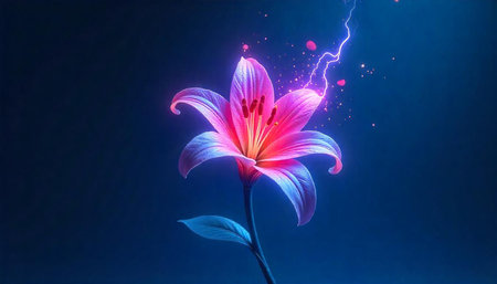 Glowing pink lily flower illuminated by lightning on dark background
