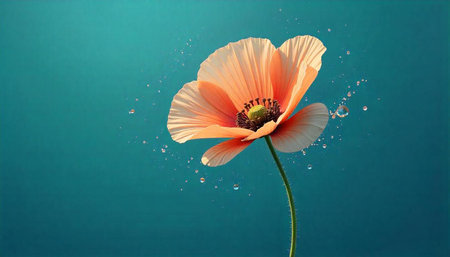 Radiant poppy flower with water droplets against teal background