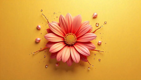 Pink flower with drops on yellow background studio shot