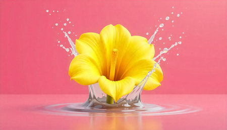 Yellow hibiscus flower surrounded by water droplets on pink