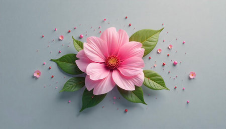 Pink flower blossom surrounded by leaves and petals