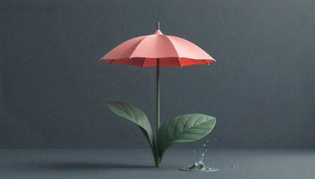 Umbrella and plant combination showing a surreal protective rainの写真素材