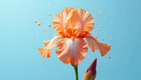 Dramatic peach iris flower bloom on blue backgroundの写真素材
