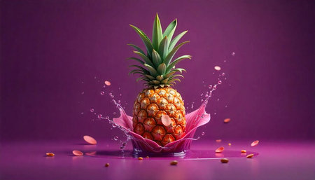 Vibrant pineapple with water splash on purple background