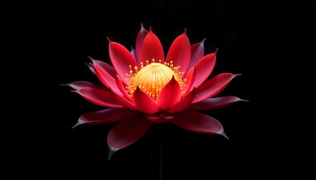 Elegant red lotus flower against dark black backdropの写真素材