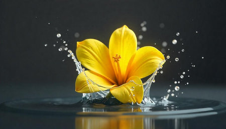 Yellow hibiscus flower in water with splash effect backgroundの写真素材