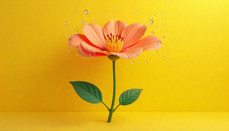 Vibrant peach flower with water droplets on yellow background