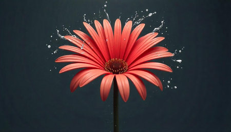 Vibrant gerbera daisy surrounded by water droplets on dark backgroundの写真素材
