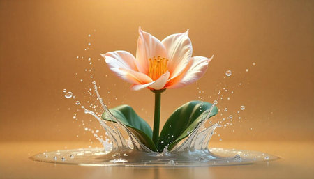 Peach flower in water splash on golden background