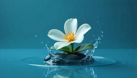 White flower on a stone in water splashing around