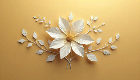 Elegant paper flower and leaves on golden background
