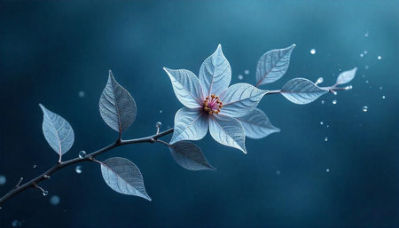 Translucent flower and leaves against a dark blue background